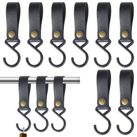 Prmape Pack of 8 S Hooks with Leather Loop, Multifunctional Hooks with Leather Loop, Metal S-shaped Hooks for Hanging, Camping Hooks, Pram Hooks for Coat/Towel/Kitchen/Bathroom