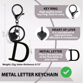 ANHBKAR Stainless Steel Black Alphabet Keychain A-Z for Women, Girls - Cute Initial Letter Accessories with Key Ring, Heart for Purse, Bag Charms and Backpack (D BLACK)