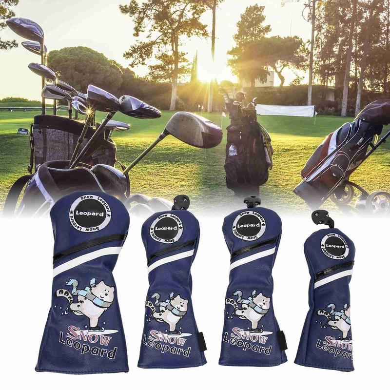 4Pcs 1/3/5/UT Golf Wood Headcovers Cartoon Snow Leopard Pattern PU