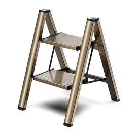 GameGem 2 Step Ladder, Folding Step Stool with Wider Pedal, Anti-Slip Feet & Non Slip Stripes, Aluminum Sturdy Material, 300Lbs Capacity, Elegant Look of Champagne Gold Better Matches Your Home