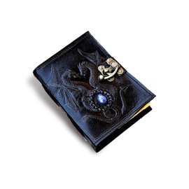 Quirky Craft Double dragon embossed leather journal lapis stone brass c lock 200 vintage deckle edge paper gift for him/her (Black)
