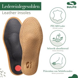 SULPO Orthopaedic Leather Insoles for Sweaty Feet, Forefoot Pain and Countersunk Splayfoot, Insoles with Activated Carbon for Transverse and Longitudinal Flat Foot, Size 40
