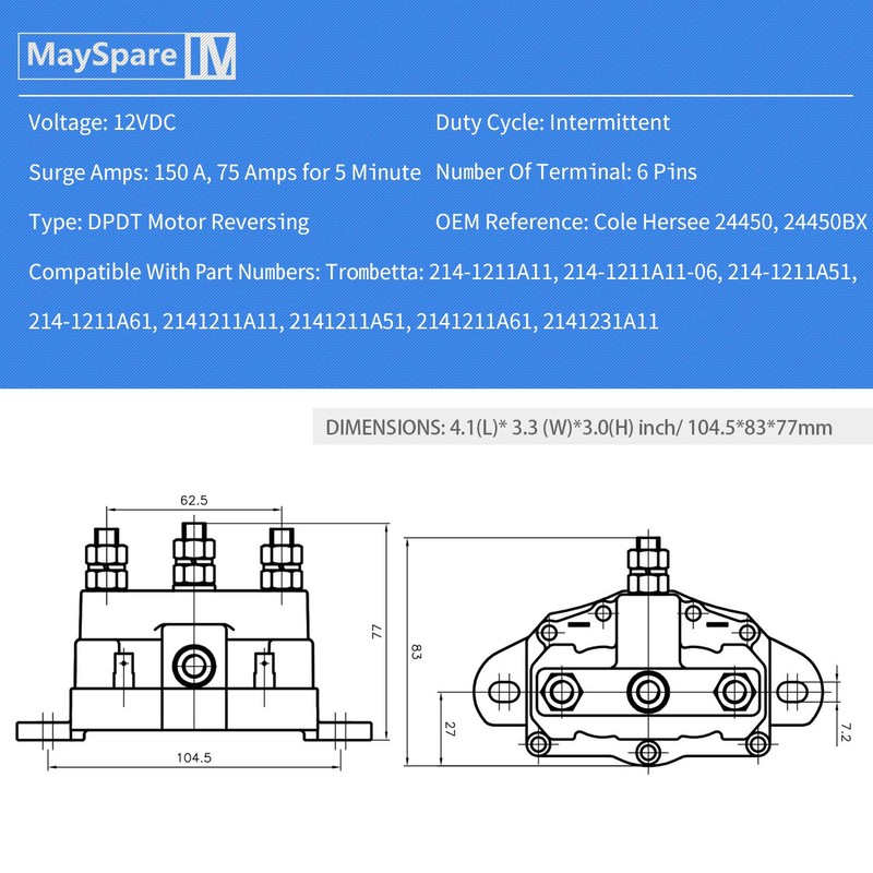 MaySpare Winch Motor Reversing Solenoid Switch Intermittent Duty Trombetta 214-1231-A11