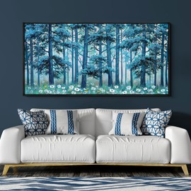 XLSJERST Blue Tree Canvas Wall Art Forest Landscape Picture Modern Birch Trees Nature Teal Abstract Painting Artwork Large Size Framed for Home Office Living Room Bedroom Wall Decor