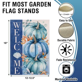 Artofy Welcome Fall Blue Pumpkin Beach Small Decorative Garden Flag, Autumn Coastal Shell Starfish Coral Yard Lawn Outside Decor, Thanksgiving Burlap Outdoor Home Decoration Double Sided 12 x 18