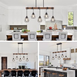 5-Light Kitchen Island Lighting, Farmhouse Linear Chandelier Dining Room Light Fixture Over Table, Wood Ceiling Pendant Light Fixtures with Metal lampshade