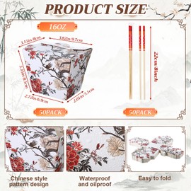 Yiyiring 50 Sets 16oz Chinese Take Out Boxes with Chopsticks, Disposable Chinese Food Containers with Floral Design Noodle & Party Favor Pails, Ideal for Restaurants, Catering, and Takeout