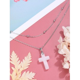 CrystalTears Clear Quartz Crystal Cross Necklace for Women Double Layered Beaded Necklace Gothic Healing Crystal Gemstone Cross Pendant Jewellery Gifts for Women Mum Birthday Christmas