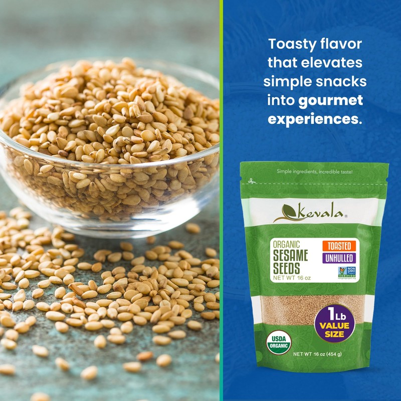 Kevala Organic Toasted Sesame Seeds (Unhulled) - Nutritious Snack for