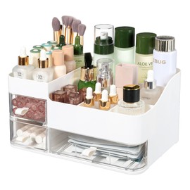 Makeup Organizer for Vanity,Plastic White Large Capacity Countertop Organizer with Clear 3 Drawers,Ideal for Vanity Bathroom Counter Storage of Brushes,Lipsticks,Skincare Items