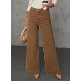 Dokotoo Womens Jeans Casual High Waisted Jeans for Women Wide Leg Loose Baggy Stretch Boyfriend Denim Pants Brown Size 8