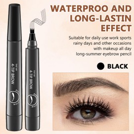 Magic Microblading Eyebrow Pencil 2Pcs, 2025 New 4-Tip Waterproof Brow Pencil with Micro-Fork Tip, Natural Fine Stroke Eyebrow Pen for Women (Black)