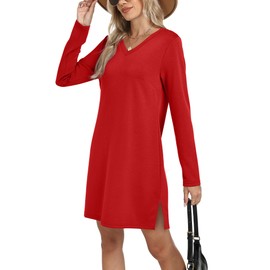 SAMPEEL Womens Long Sleeve Dress V Neck Casual Trendy Christmas Party Red Dresses Holiday Outfits 2025 with Side Split L