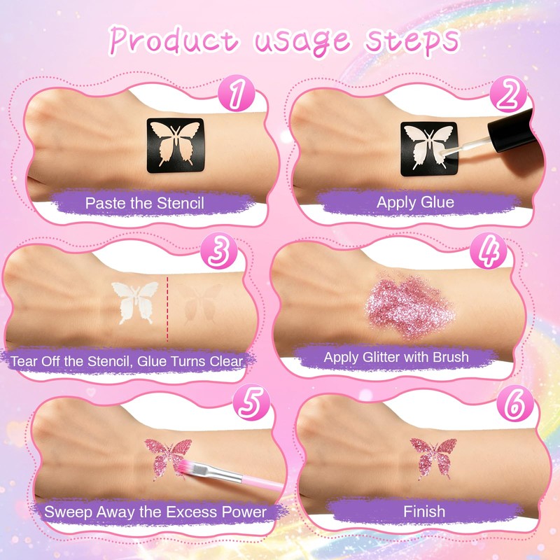 Children's Glitter Tattoo Set, 36 Colours, Waterproof Glitter Tattoos