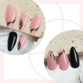 Black Leaf Press on Nails with Gold Lines Fake Nails Long Almond Acrylic False Nail Glossy Full Cover Artificial Glue on Nail for Women