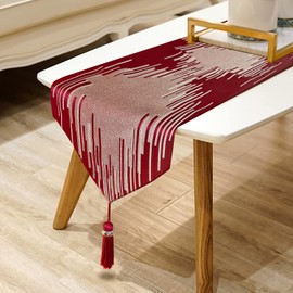 Red Texture Table Runner 120 Inches Long, Elegant Geometric Embroidery Pattern Table Runners with Luxury Tassels for Dining Room Dresser Holiday Christmas