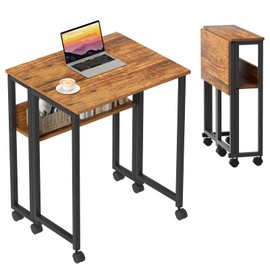 GreenForest Folding Desk Small Rolling Desk with Storage Shelf, 31.5 inch Foldable Computer Desk with Wheels for Small Space, Easy Assembly,Walnut