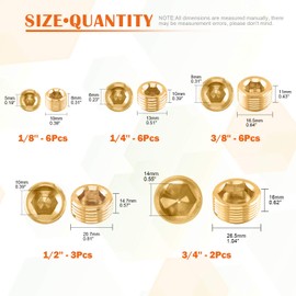 Rustak 23 Pcs Brass Pipe Plugs Assortment Set 1/8" 1/4" 3/8" 1/2" 3/4" NPT Brass Pipe Fitting, Internal Hex Thread Socket Plug Kit for Water Pump Ports, Oil Sender Holes, Engine Block