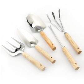 AGIgear Garden Tool Set,Premium 5 Pcs Heavy Duty Gardening Hand Tool Set with Shovel, Hand Rake, Transplanter,Big Trowel, 5-Claw Cultivator,Stainless Steel with Non-Slip Wooden Handles (Silver)