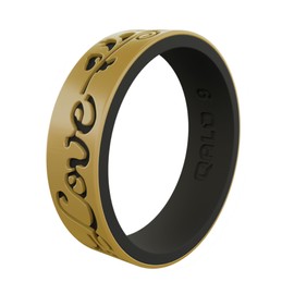 QALO Women's Rubber Silicone Ring, Love Strata Rubber Wedding Band, Breathable, Durable Engagement Silicone Ring, 6mm Wide 1.85mm Thick, Gold & Black Filigree, Size 5