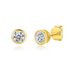 Lavishe 14K Gold Plated 925 Sterling Silver Cubic Zirconia Round Bezel Set Stud Earrings, 4mm Stone