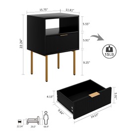 AEPOALUA Nightstand,Morden Bedside Table with Gold Frame,Small White Night Stand,End Table,Bedside Furniture,Side Table with Drawer and Shelf for Bedroom,Living Room (1Drawer, Black)