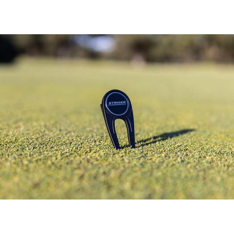 Stinger Golf Products' Sleek Black Golf Divot Tool with Bottle