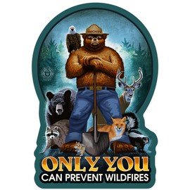 Die Cut Sticker Smokey Bear and Friends, Only You Can Prevent Wildfires, No ND, Contour Vinyl Sticker 1 to 3 inches (Waterproof Decal for Cars, Water Bottles, Laptops, Coolers), Small
