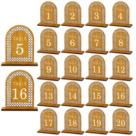 20pcs Wooden Table Numbers, Rattan Arch Table Numbers 1-20 Wedding Reception Table Numbers with Stands for Wedding Banquet Restaurant Party Decor