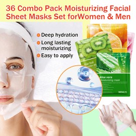 Hydrating Face Mask Set,36 Combo Pack Moisturizing Facial Sheet Masks Set for Women & Men,All Skin Type