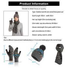 QKURT Women's Beanie Gloves Scarf Set, Winter Thermal Pom Pom Hats Mittens Neck Scarf Set for Ladies Girls Outdoor Wearing