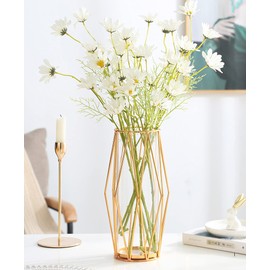FSyueyun Gold Flower Glass Vases for Centerpieces with Premium Metal Rack, Modern Large Vases Home Decor Living Room or Wedding Centerpiece (11 Inches Tall)