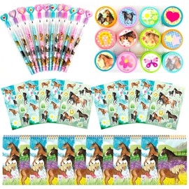 TINYMILLS Horse Pony Birthday Party Favor Set (12 multi-point pencils, 12 stampers, 12 sticker sheets, 12 small spiral notepads) Horse Party Party Supplies Favors