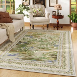 Rugcomf Area Rugs 8x10 Clearance Impressionist-Style Vintage Washable Area Rug Non Slip Low Pile Large Rug for Bedroom Farmhouse Dining Room Kids Playroom, Beige