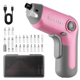 WORKPRO Electric Cordless Screwdriver with Offset Driving Shaft, 3.6V Automatic Rechargeable Screw Driver with 22PCS Bits, Battery Powered Automatic Screw Gun with LED Light & Carry Case - Pink Ribbon