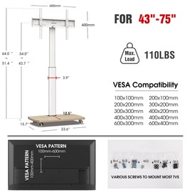 AOKCOS Rolling TV Stand for 43 50 55 60 65 70 75 Inch TVs, Portable Mobile TV Stand on Wheels, 10-Level Height Adjustable TV Cart with Swivel & Tilt Mount for Bedroom/Living Room/Office/Corner