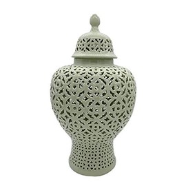 Galt International 23" Hand Carved Cutout Lattice Ginger Jar with Lid - Porcelain Home Decor with Intricate Mediterranean Inspired Filigree Lattice Work Decoration (Sage Green)