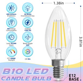 GvvooHome Candelabra Light Bulbs, 6W Equivalent to 60 watt E12 LED Bulb 5000K Daylight Non-Dimmable, LED Chandelier Light Bulb, B10 Candle Bulbs, 90+CRI, 600LM, Cear Glass, 24 Pack