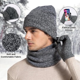 Minicoco 3 Pcs Men's Beanie Hat Scarf and Touch Screen Gloves Set Thermal Fleece Lined Snow Knit Cap, 3 in 1 Winter Hats Touch Screen Gloves Neck Warmer Snood Set (Grey)