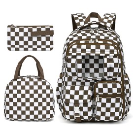 Dezcrab Girls School Backpack Set - Teens Kids School Bag Bookbag with Lunch Box Pencil Case for Elementary Middle School (Checkered Brown)