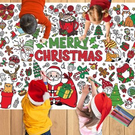 AXERHK Christmas Table Cloth,Christmas Decorations,110 X 80cm Christmas Tablecloth with 12 Paint Pens,Merry Christmas Coloring Tablecloth for Kids,DIY Paper Table Cloth Christmas Crafts for Kids