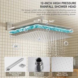 HomGoo Brushed Nickel Shower System, Shower Faucet Set with 12 Inch Rain Shower Head and Handheld, Wall Mounted High-Pressure Shower Head Combo Set with Shower Valve and Shower Trim, Brushed Nickel