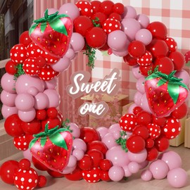 MOMOSHERO 137Pcs Strawberry Balloons Arch Garland Kit with Strawberry Foil Balloons for Sweet Girl My Berry First Themed Birthday Party Supplies Baby Shower Gender Reveal Decorations Red Pink