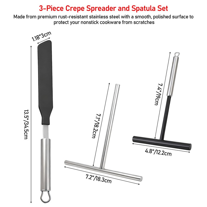 Crepe Spreader & Spatula Set, 3-Piece Offset T-Shaped 7" &