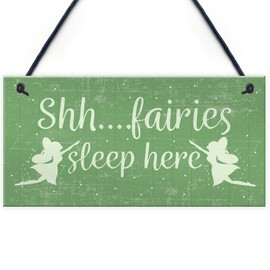 RED OCEAN Fairies Sleep Here Novelty Hanging Shabby Chic Plaque Novelty Fairy Garden Shed Sign
