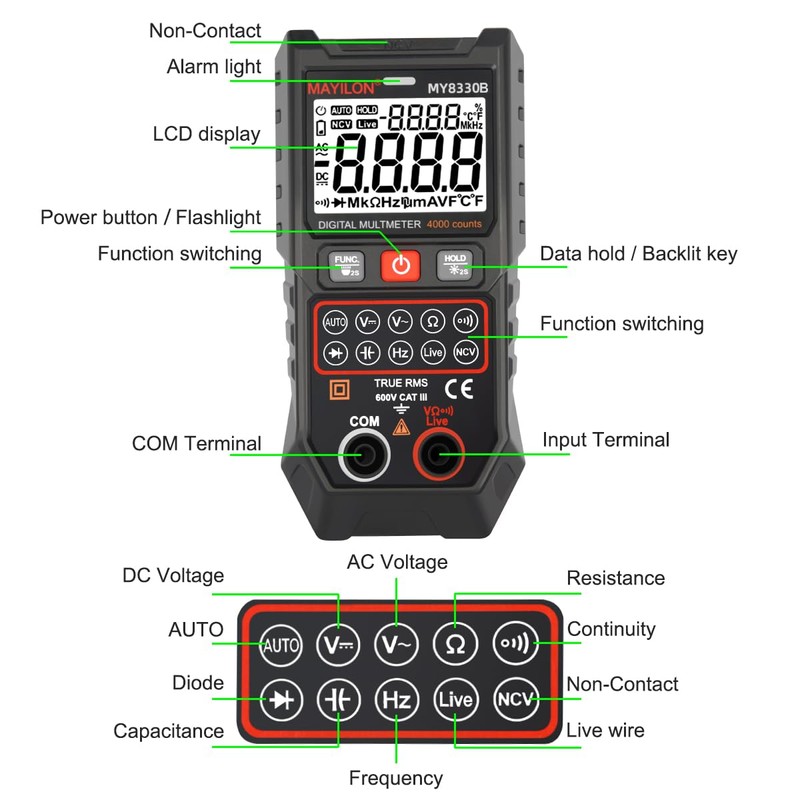 Multimeter TRMS 4000 Counts Digital Multimeter DC AC Voltage Tester