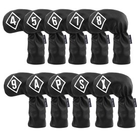 Big Teeth Golf Iron Covers Wedge Covers Headcovers Set 10 Pieces (4-9, Pw, Aw, Sw, X) Number Embroidered Long Neck Elastic Closure Synthetic Leather Black