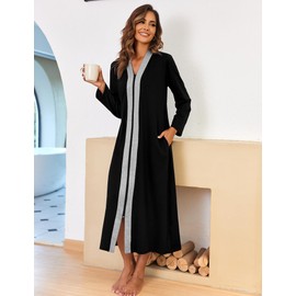 Ekouaer Women Zipper Robe Long Sleeve Loungewear Lightweight Housecoat Full Length Nightgown with Pockets (Black, Medium)
