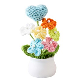 Knitting Crochet Flowers Potted Plants, Fake Forget Me Not Flowers and Knitted Heart for Friends, Family and Lover, Artificial Handmade Flowers for Birthday and Home Decor (Blue)