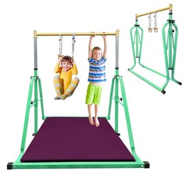 GLANT Foldable & Movable Gymnastics Kip Bar with MAT and Ring Set, 3' to 5' Height Adjustable,Horizontal Bar for Kids Girls Junior,Gym Equipment for Indoor and Home Training- Max Load 300LBS